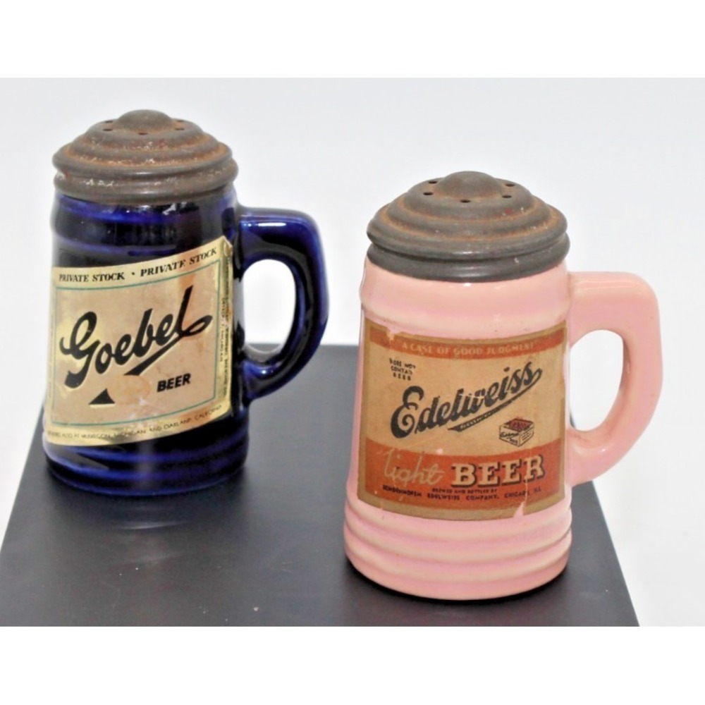 Edelweiss Goebel Beer Stein Salt Pepper Shakers Pink Blue Vintage Ceramic Metal